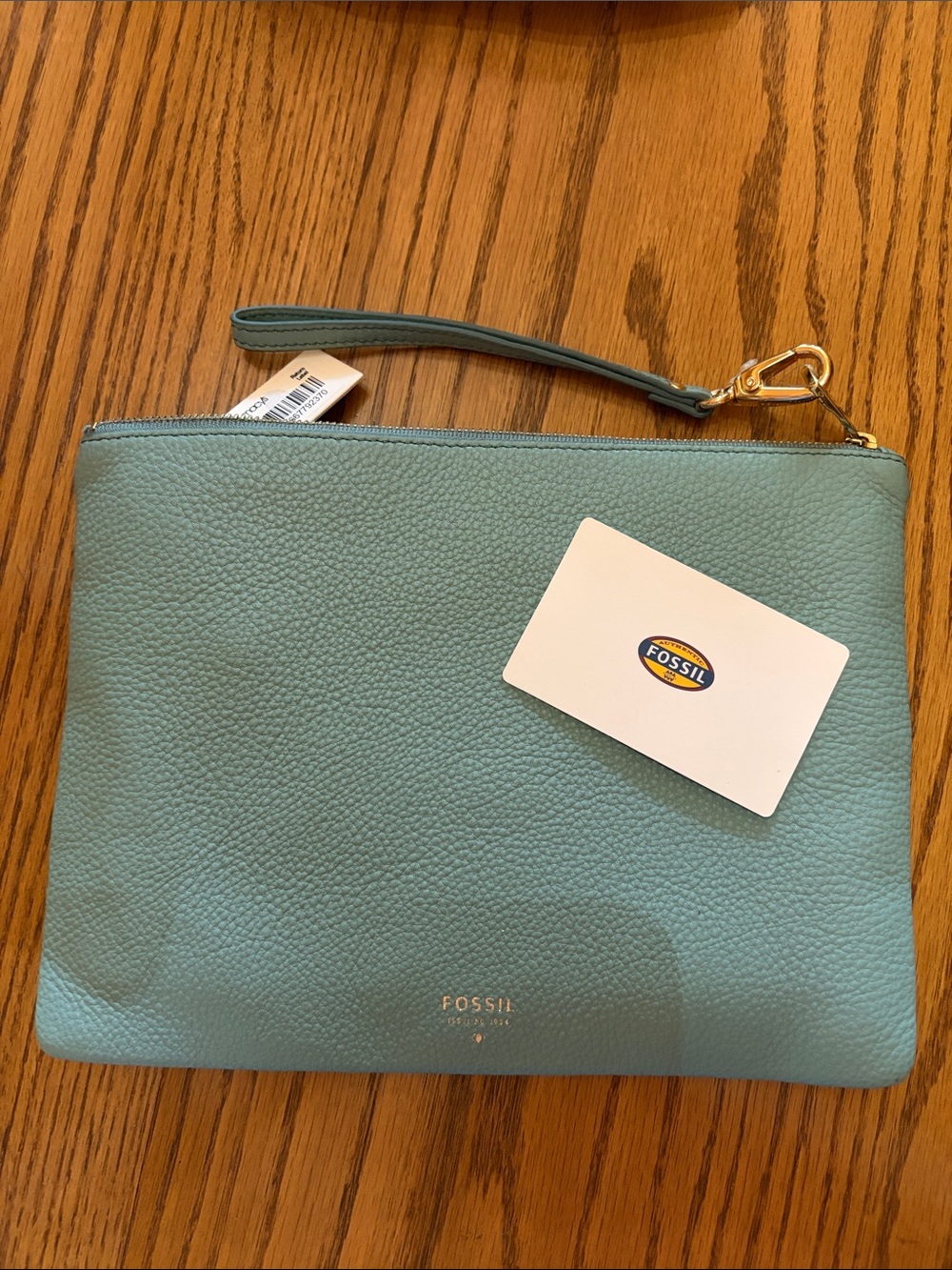 Fossil Aqua Pebbled Leather Wristlet with Gold Hardware